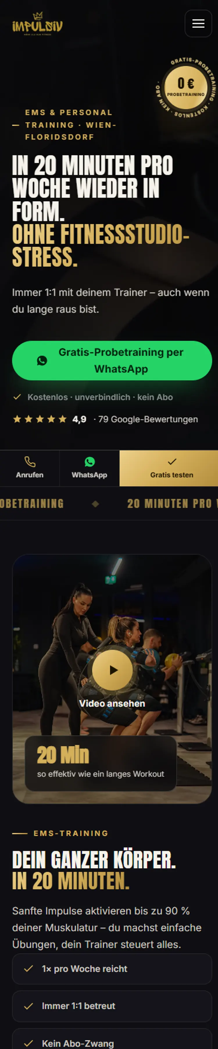 Website von Impulsiv Fitness — mobile Ansicht, scrollbar
