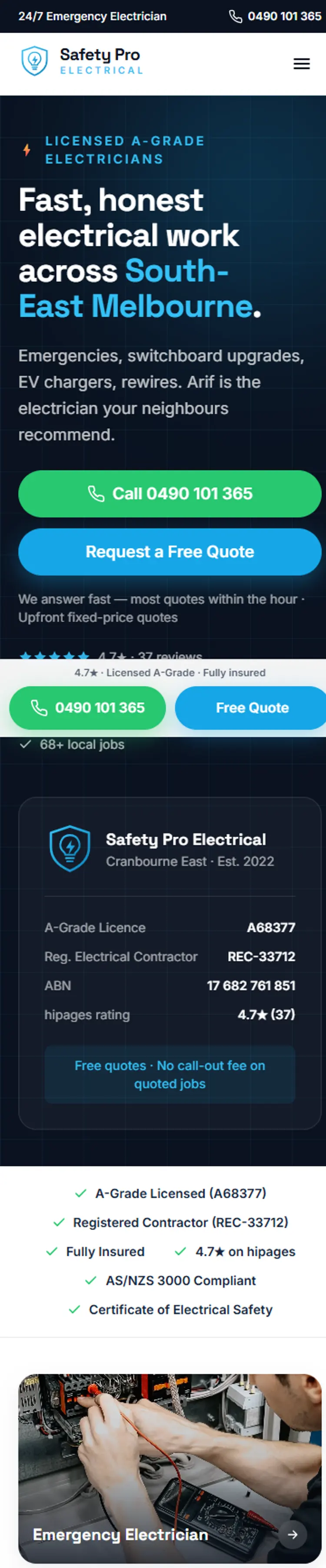 Website von Safety Pro Electrical — mobile Ansicht, scrollbar